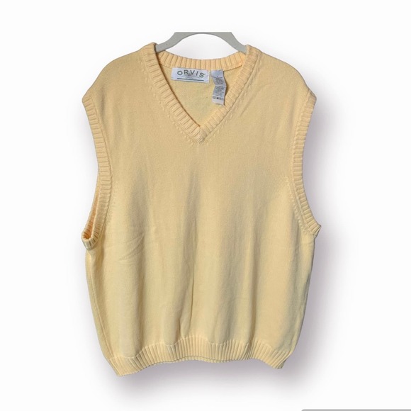Orvis Vtg ButterYellow Sweater V-Neck Vest Men's L Golf Pullover 77TY Preppycore - Picture 1 of 8